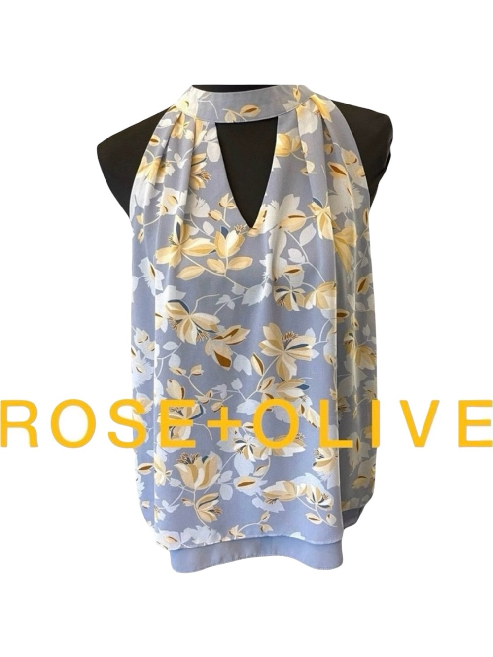 Rose & Olive Blue White Tan Floral High Neck Keyhole Sleeveless Top (L)